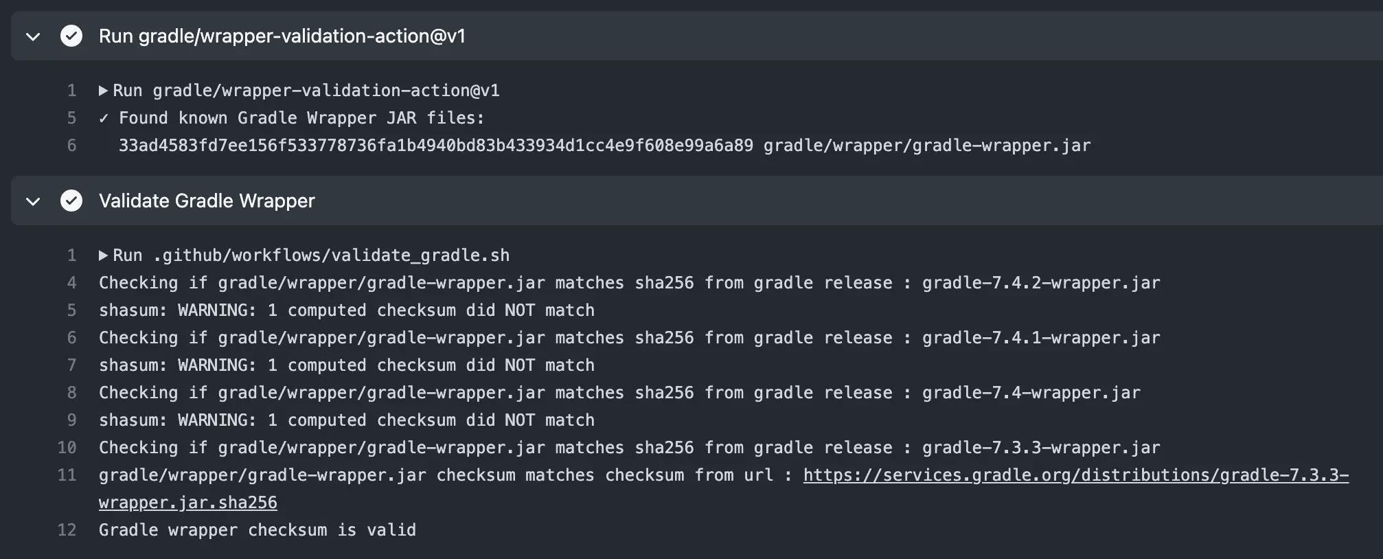 Image showing custom Gradle Wrapper Validation during GitHub Actions execution