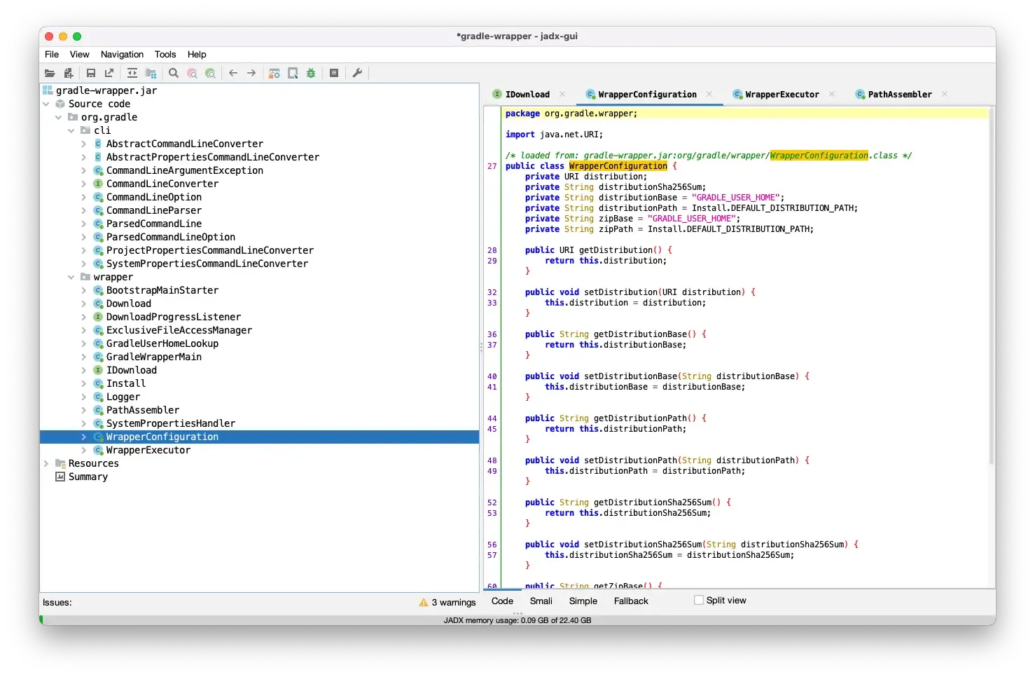 Image showing JADX program with decompiled gradle-wrapper.jar code