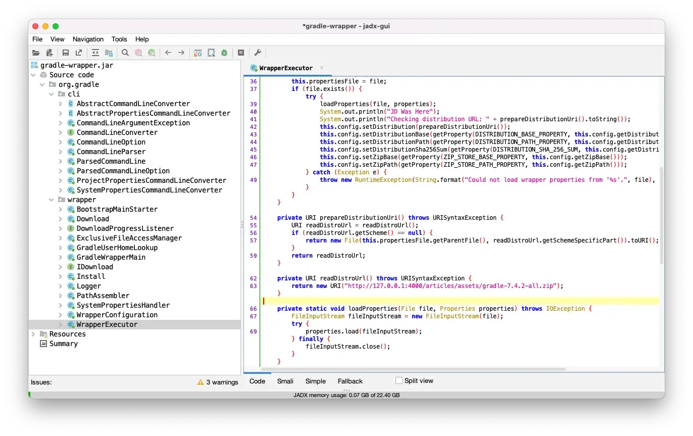 Image showing JADX program with decompiled gradle-wrapper.jar code after updates