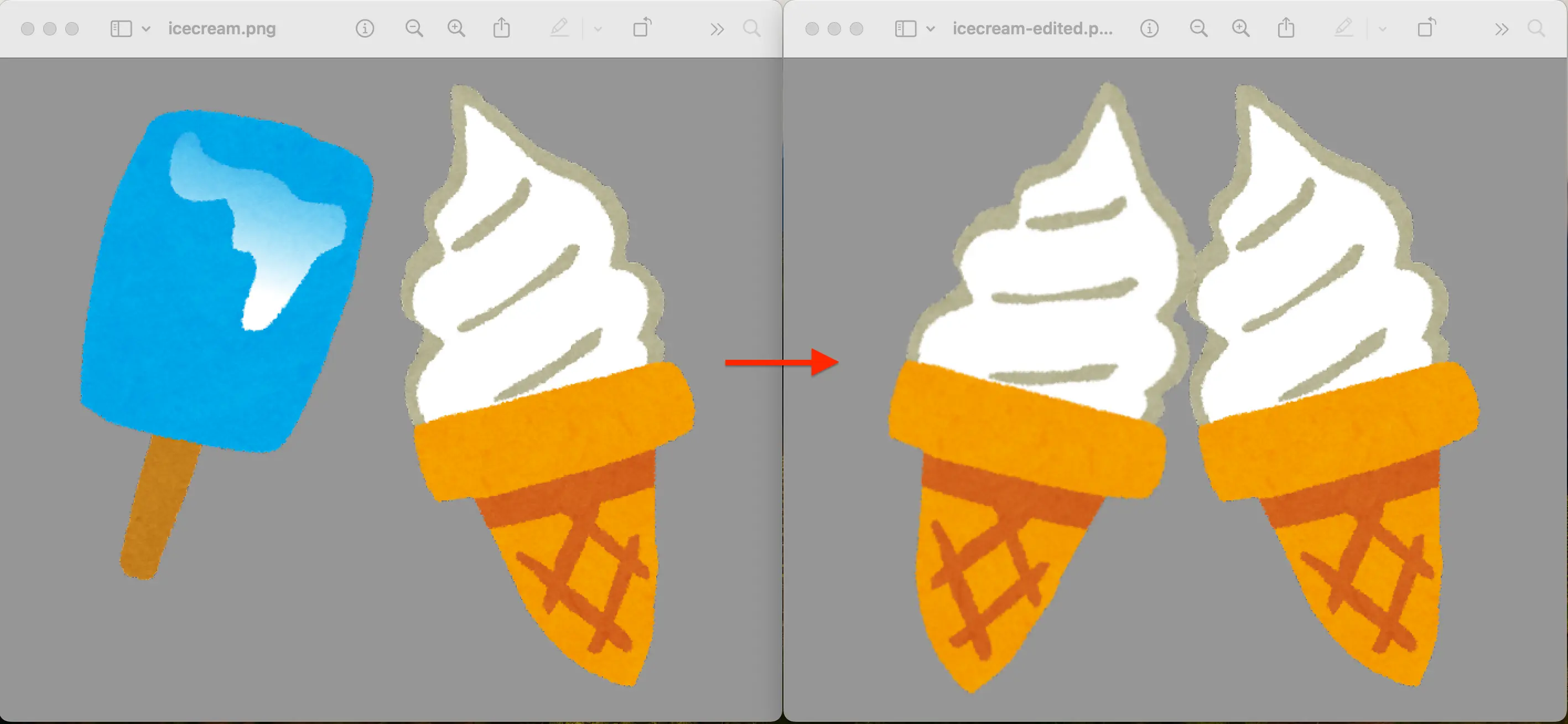Image showing two adjacent pictures of ice cream. The image on the left features a popsicle and ice cream cone but the edited image on the right features two ice cream cones and no popsicle.